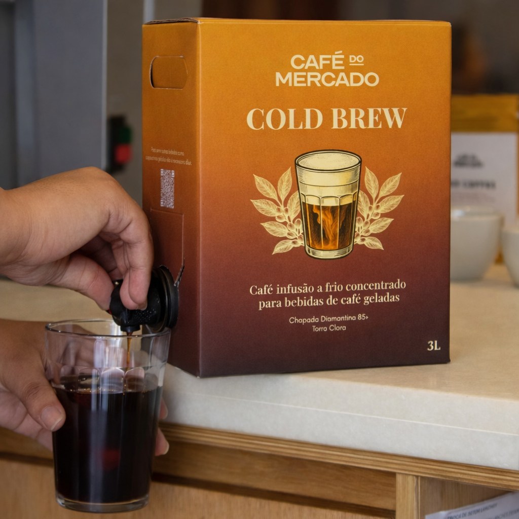 Produto Cold Brew concentrado apresentado em ambiente de cafeteria